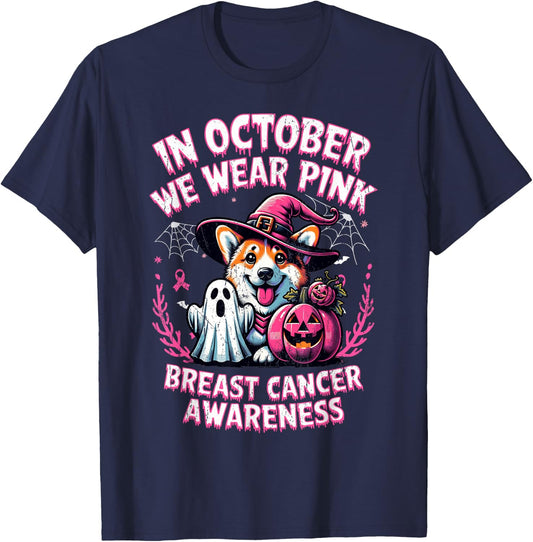 In October We Wear Pink Ghost Corgi Dog Breast Cancer T-Shirt - T-Shirt | Navy