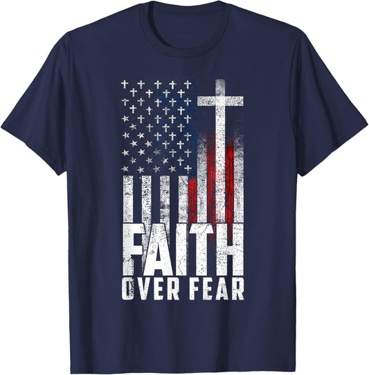 America Pride US Flag Faith Over Fear Prayer Men Women T-Shirt - T-Shirt | Navy