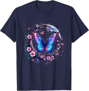 Butterfly Moon Cherry Blossom Fantasy Floral Nature Art T-Shirt - T-Shirt | Navy