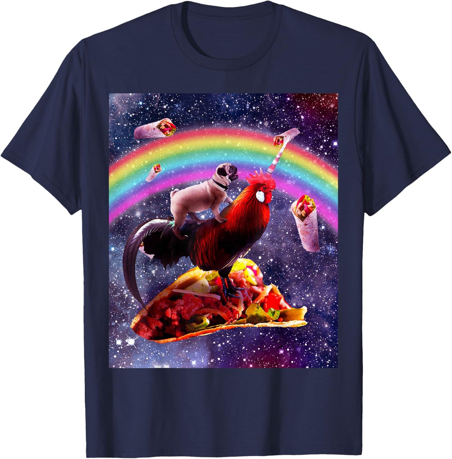 Space Pug Riding Chicken Unicorn - Taco & Burrito T-Shirt - T-Shirt | Navy
