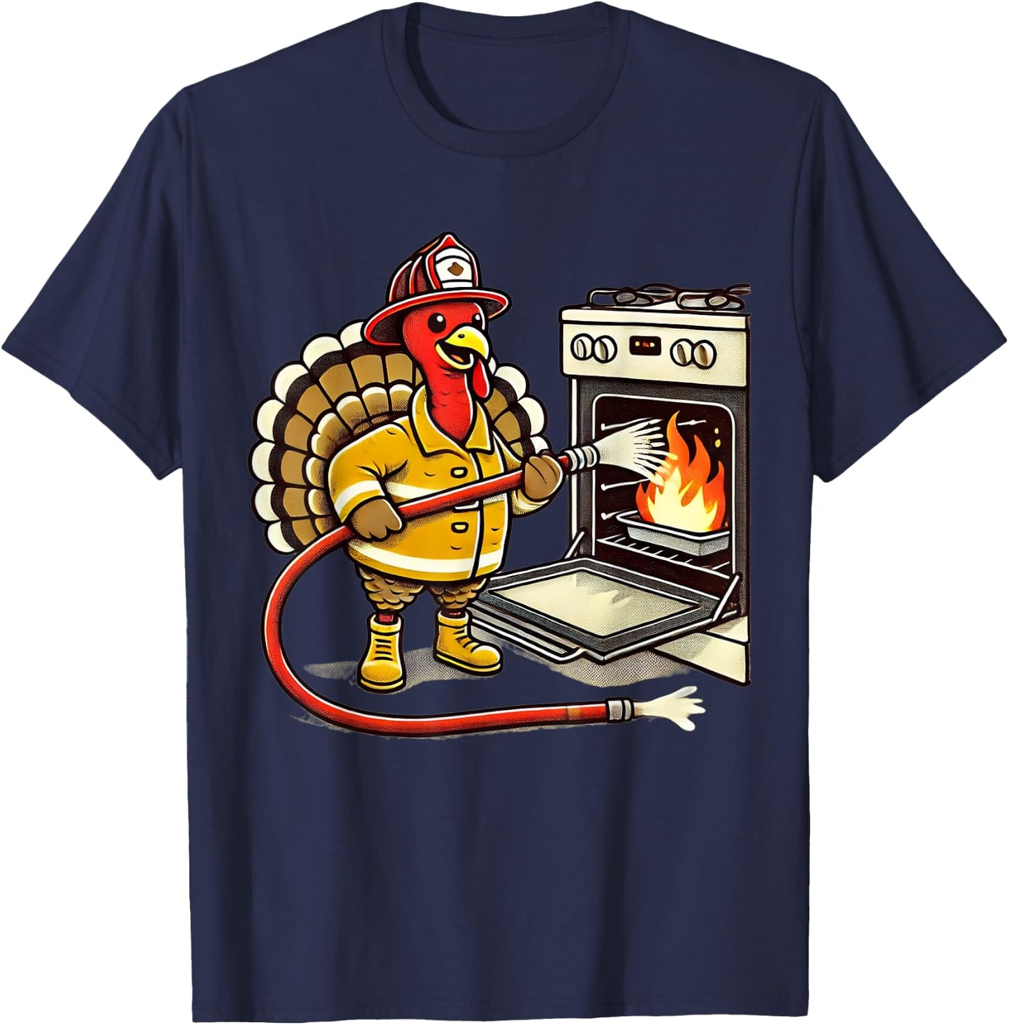 Firefighter Turkey Funny Thanksgiving Animal Oven Fire Hose T-Shirt - T-Shirt | Navy