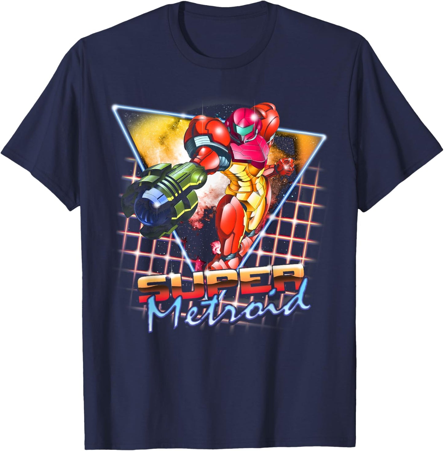 Nintendo Super Metroid Samus Grid Neon Chrome Poster T-Shirt - T-Shirt | Navy