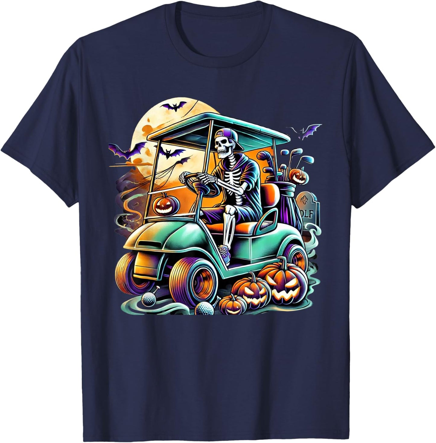 Funny Vintage Halloween Skeleton Golf Cart Golfer Men Women T-Shirt - T-Shirt | Navy