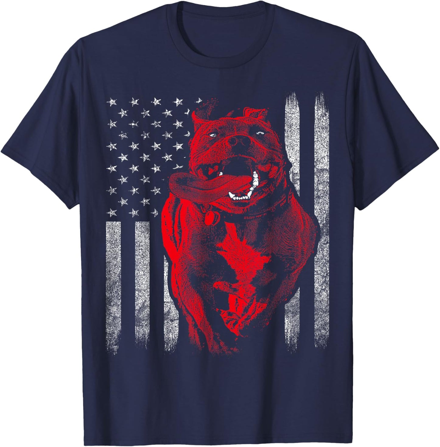 American Bully Pit Bull Dog With American Flag T-Shirt - T-Shirt | Navy