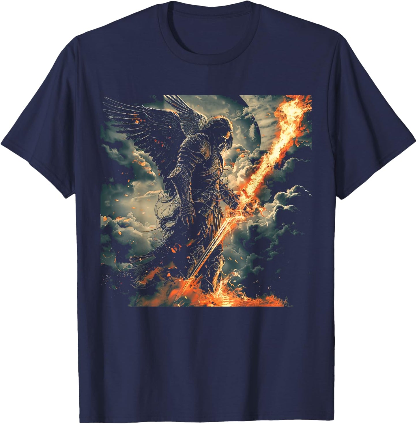 Archangel Michael Flaming Sword Epic Biblical Battle Art T-Shirt - T-Shirt | Navy
