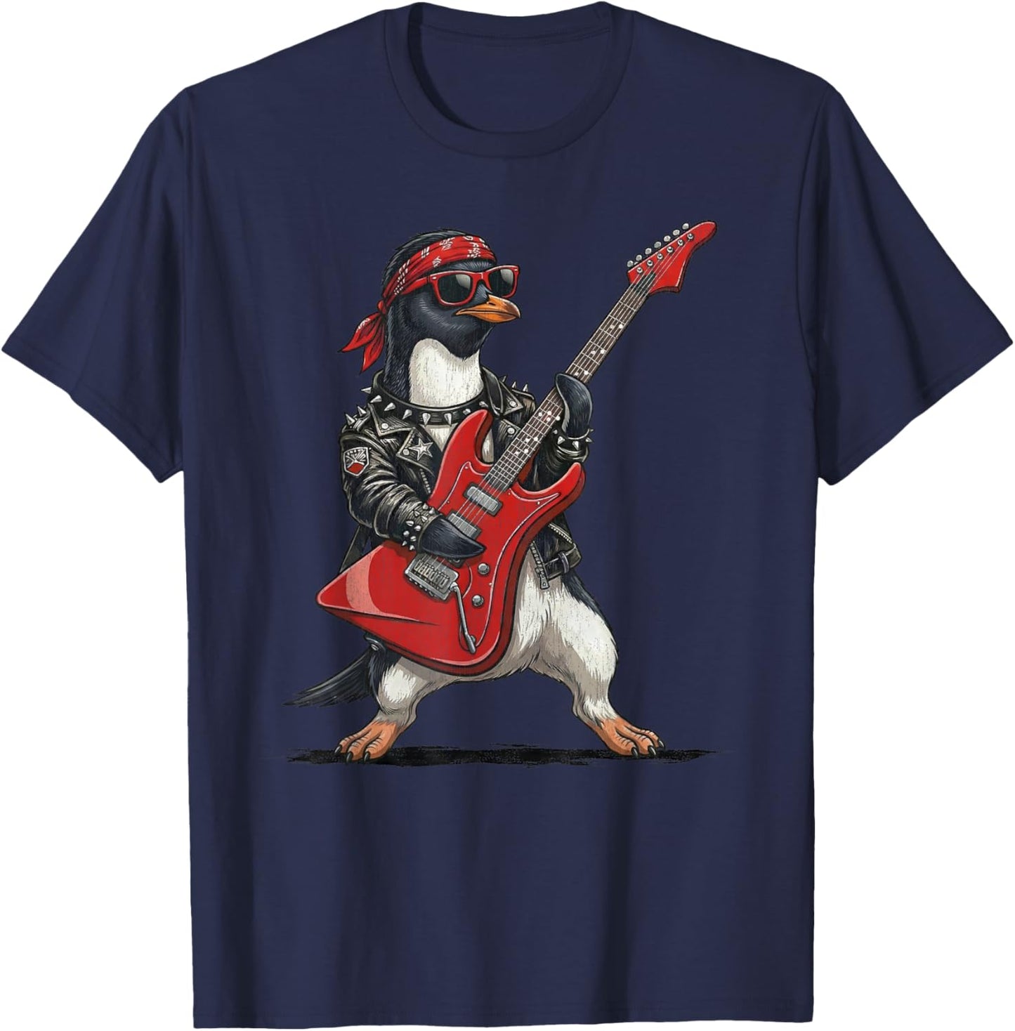 Funny Penguin Playing Red Electric Guitar Musician Rock Punk T-Shirt - T-Shirt | Navy