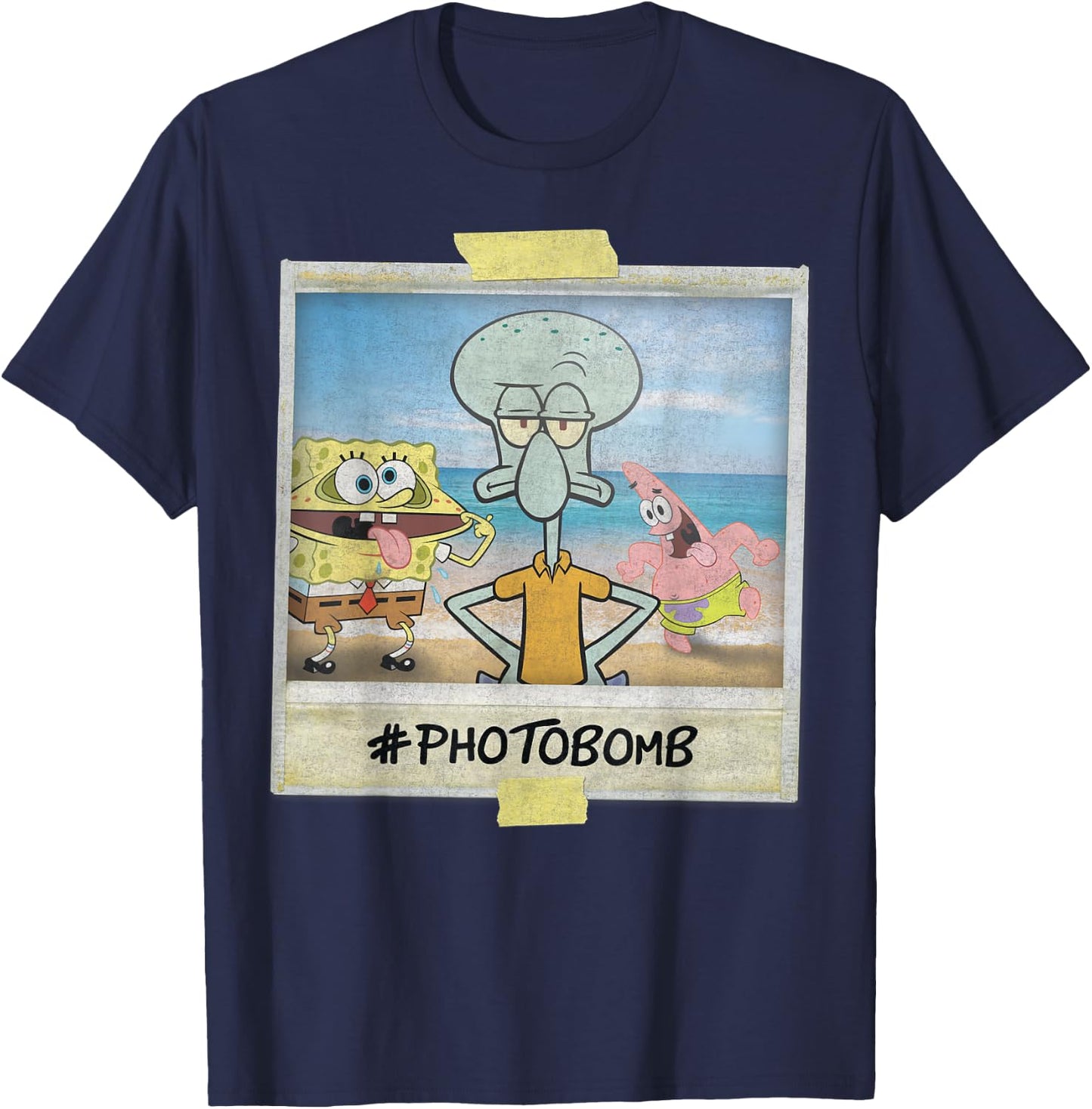 Nickelodeon Spongebob SquarePants Squidward Photobomb Black Adult Boys, -Youth Short Sleeve T-Shirt - T-Shirt | Navy