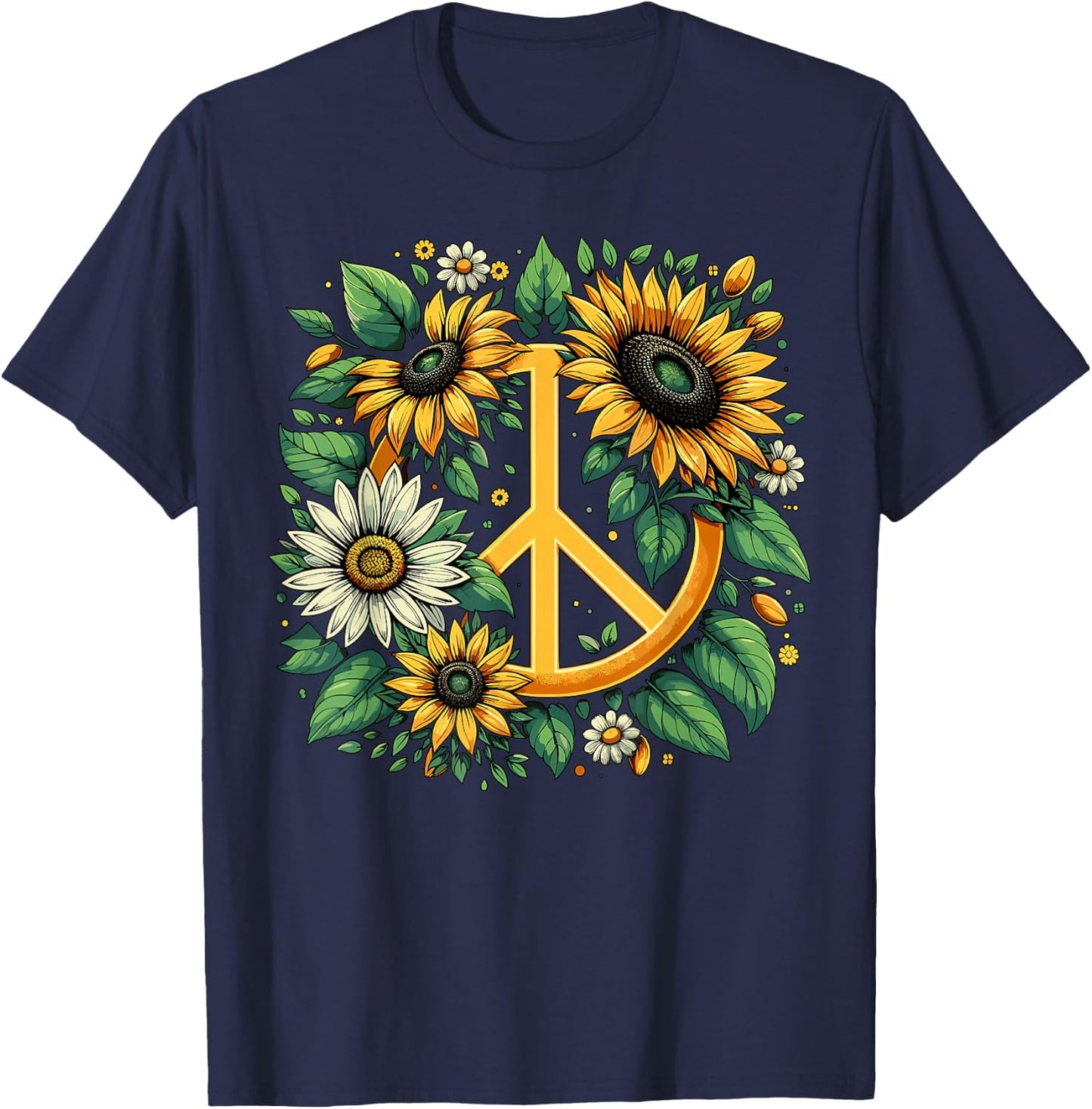 Hippie Peace Sign Flower Sunflower Lovers T-Shirt - T-Shirt | Navy