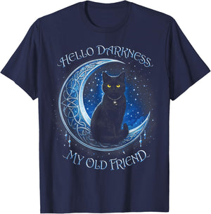 Hello Darkness My Old Friend Black Cat Moon Gothic Humor T-Shirt - T-Shirt | Navy