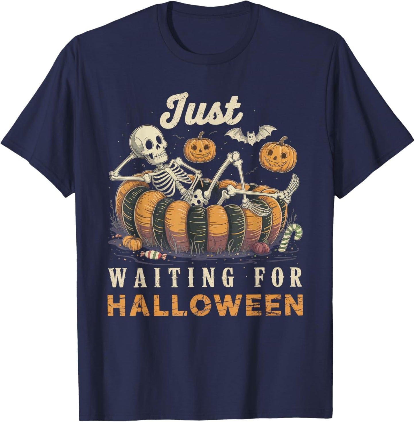 Just Waiting for Halloween Funny Skeleton Spooky Summerween T-Shirt - T-Shirt | Navy