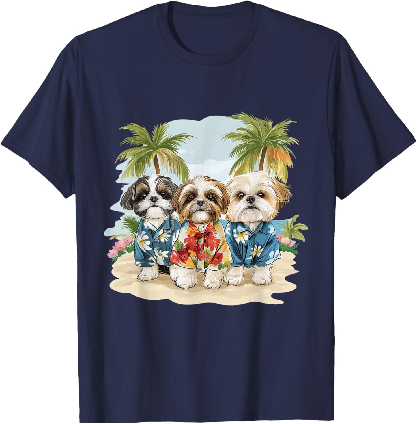Cute Shih Tzu Dogs Hawaiian Tops Palm Trees Ocean Colorful T-Shirt - T-Shirt | Navy