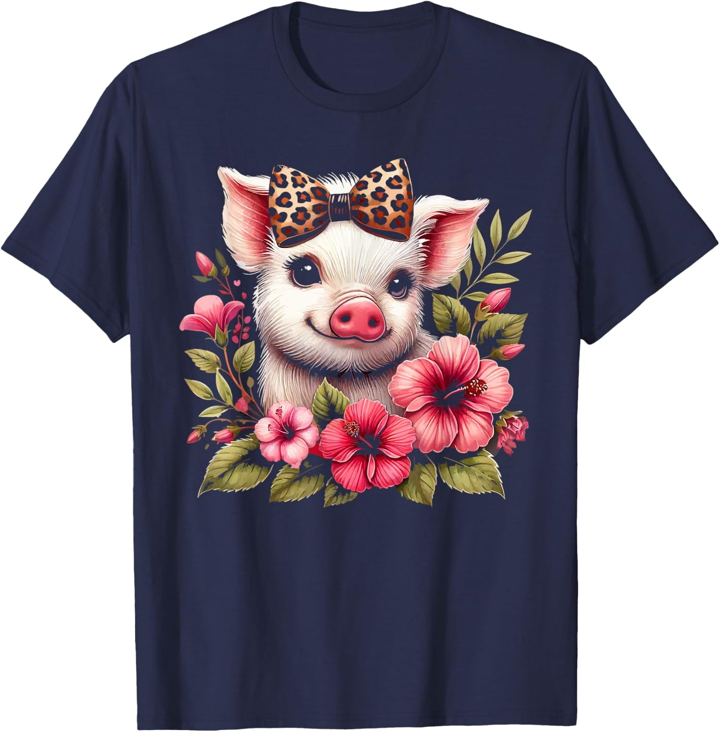 Pig With Leopard Headband Flower Cute Pig Lover T-Shirt - T-Shirt | Navy