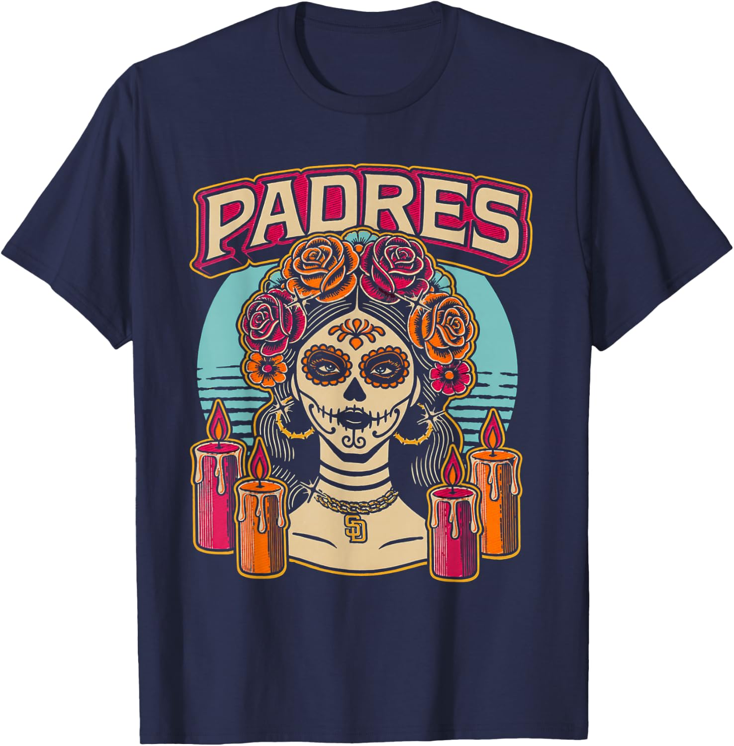 Vintage Padres Sugar Skull Catrina Roses Baseball Fan T-Shirt - T-Shirt | Navy