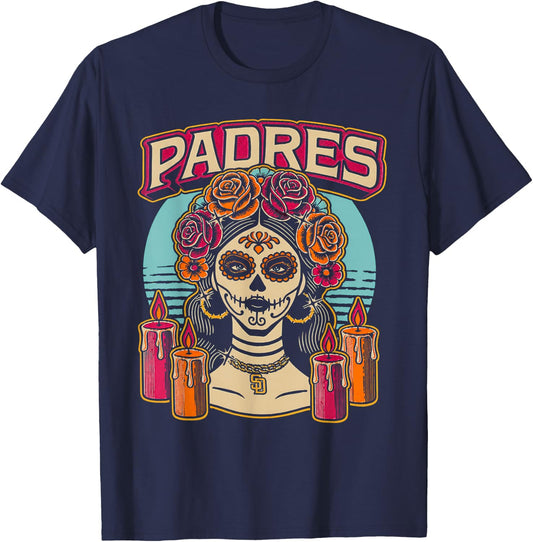 Vintage Padres Sugar Skull Catrina Roses Baseball Fan T-Shirt - T-Shirt | Navy