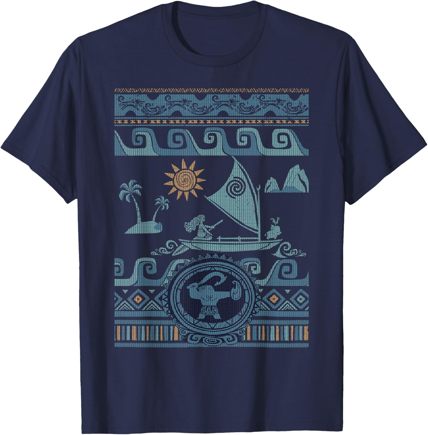 Disney Moana Stitch Ocean Voyage Pattern Ugly Sweater Style T-Shirt - T-Shirt | Navy