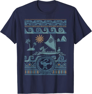 Disney Moana Stitch Ocean Voyage Pattern Ugly Sweater Style T-Shirt - T-Shirt | Navy