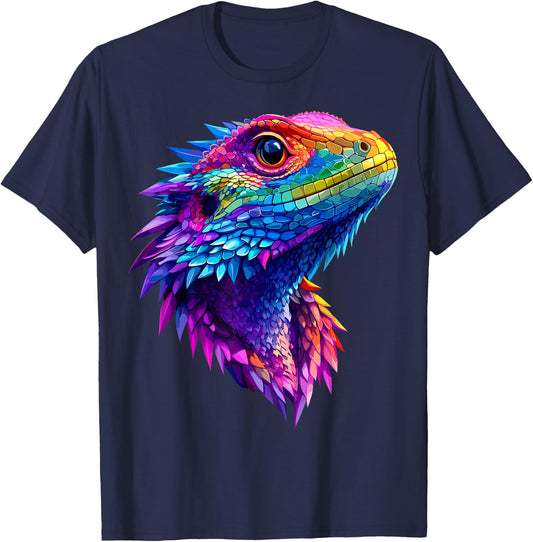Colorful Bearded Dragon Face Reptile Animal Lover Black T-Shirt - T-Shirt | Navy