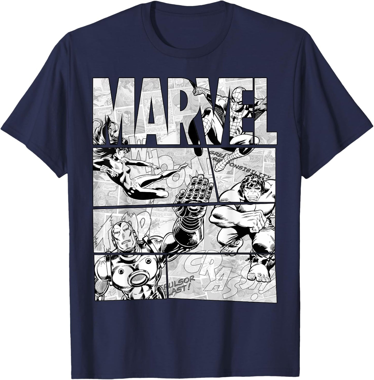 Marvel Avengers Retro Black and White Comic Graphic Short Sleeve T-Shirt - T-Shirt | Navy