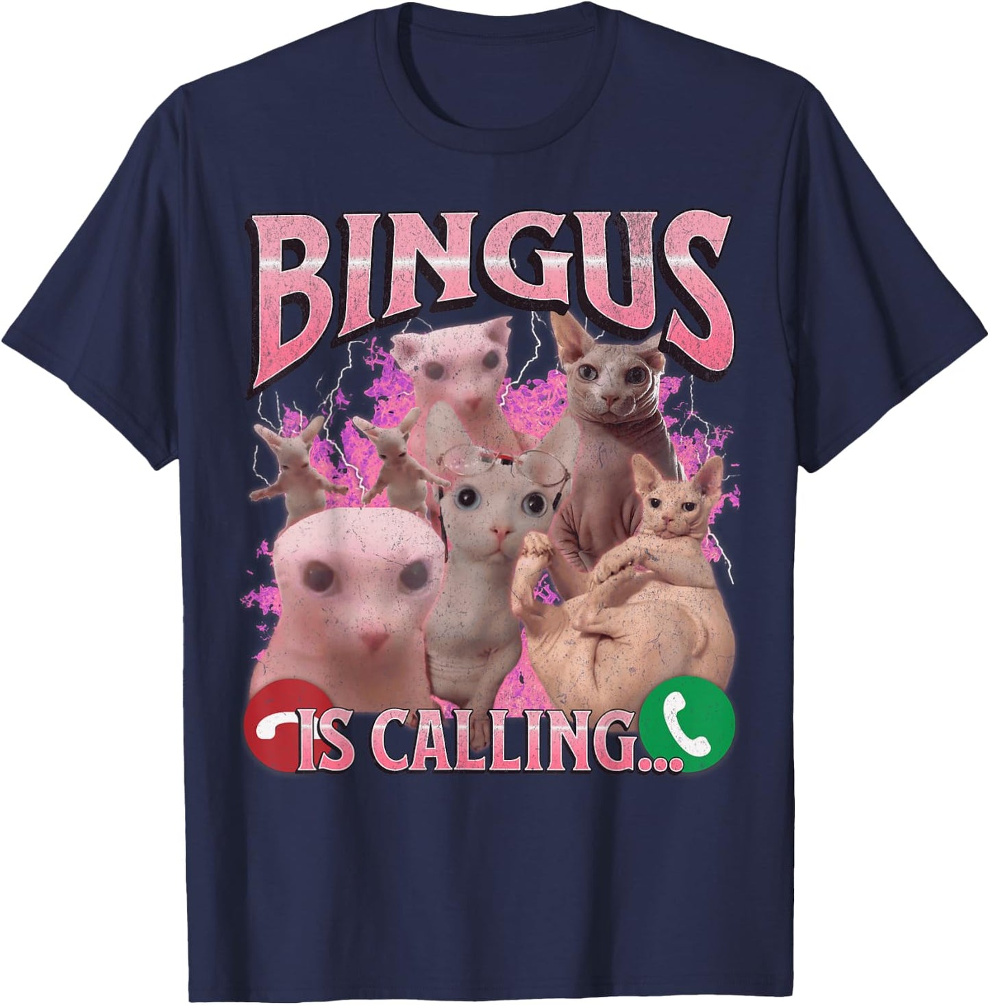 Bingus Is Calling Funny Sphinx Cat Meme Bootleg Graphic Men Women Kids T-Shirt - T-Shirt | Navy