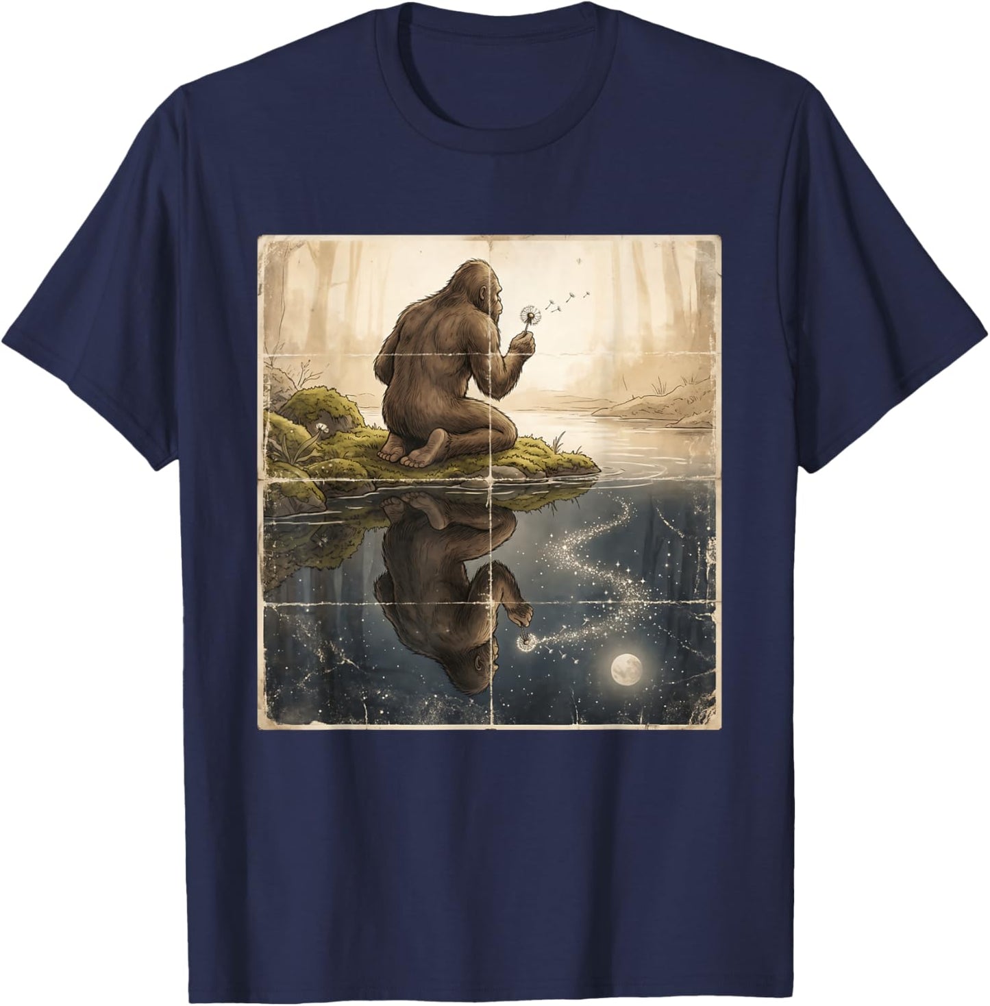 Bigfoot Blowing Dandelion Vintage Sasquatch Yeti T-Shirt - T-Shirt | Navy