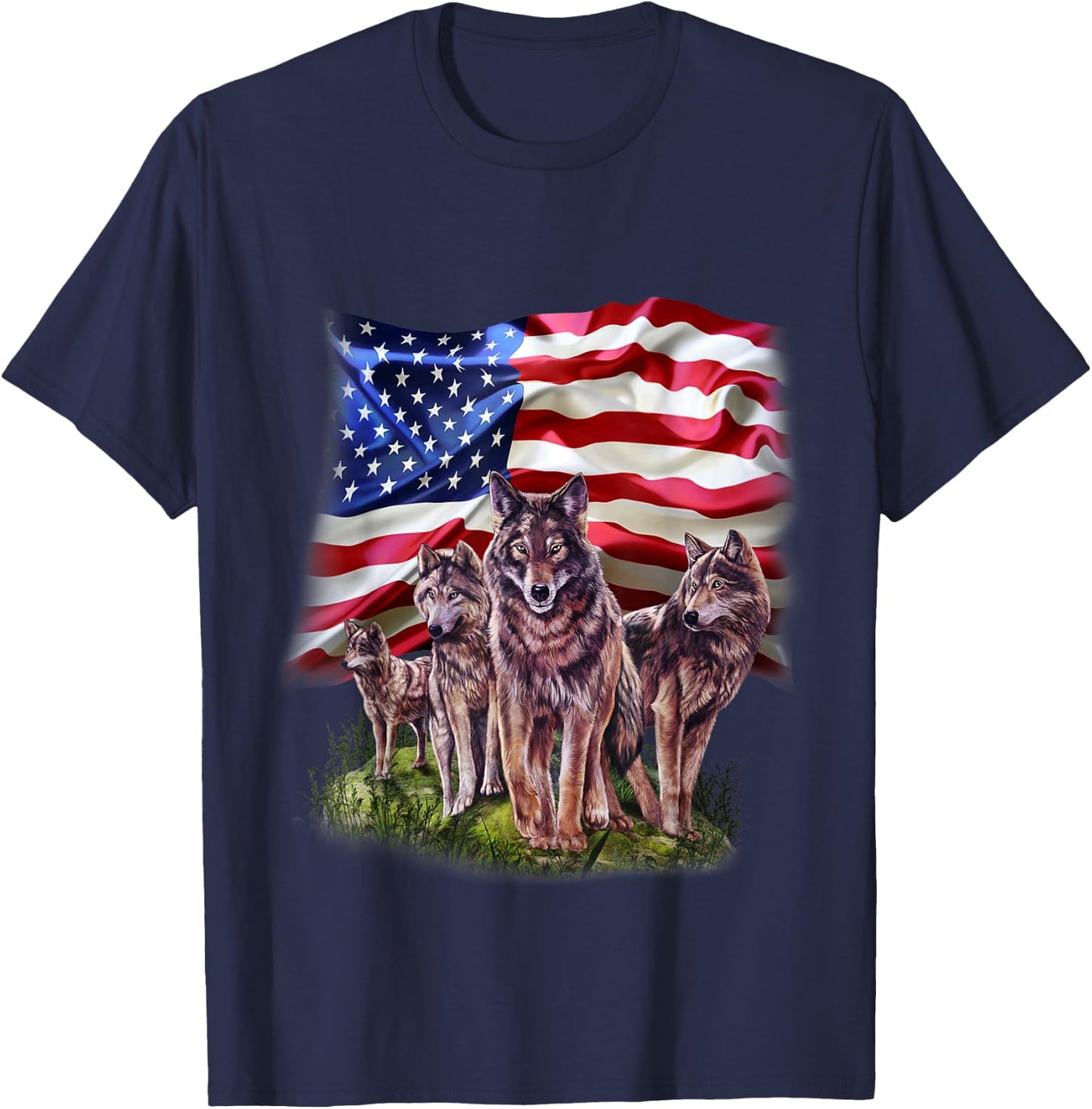 Patriotic USA Wolves Pack, North America Wolf T-Shirt - T-Shirt | Navy