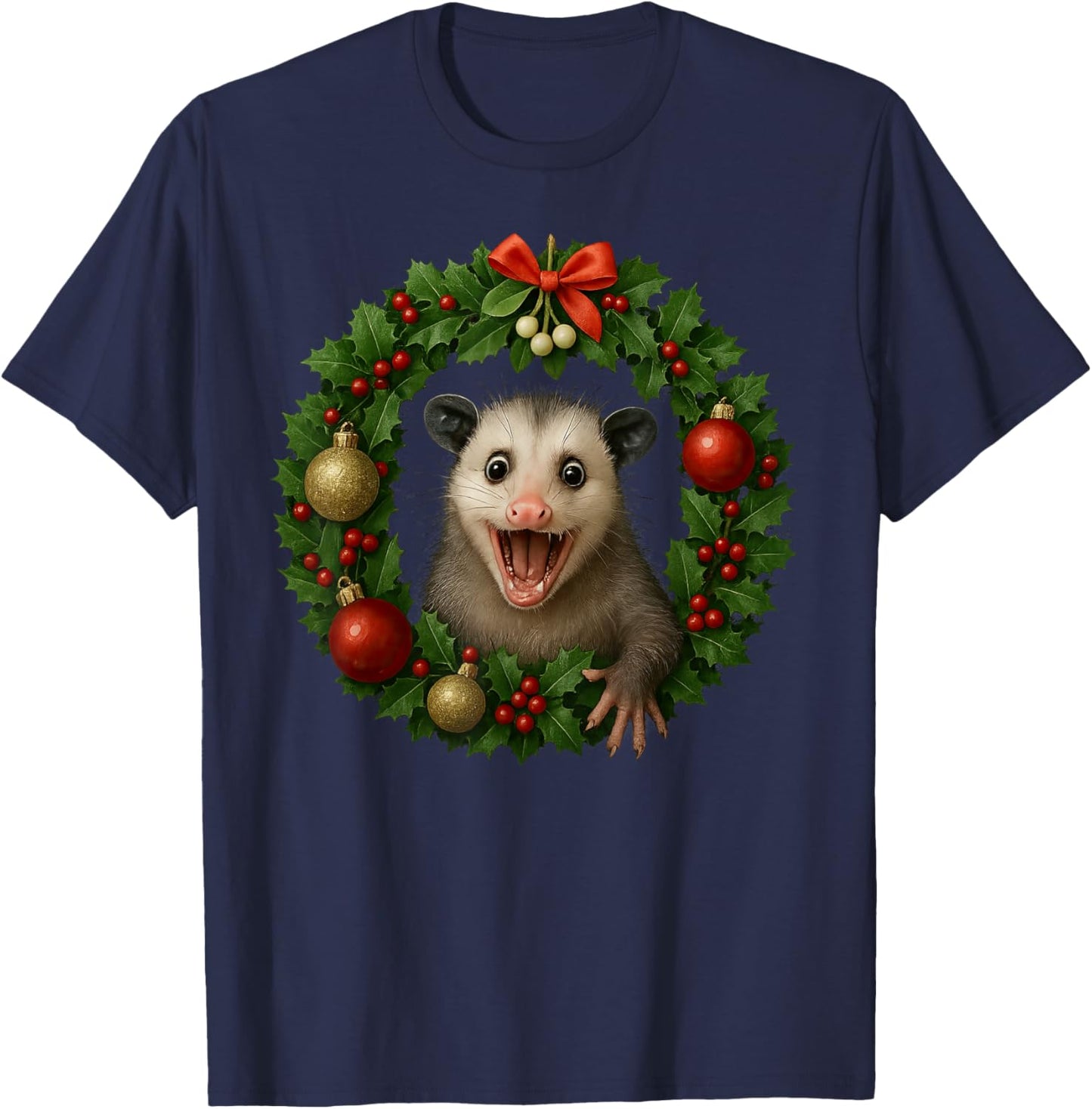 Funny Possum Christmas Wreath Xmas Opossum T-Shirt - T-Shirt | Navy