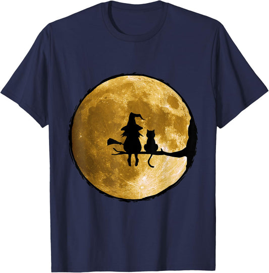 Witch And Cat Sitting On An Old Tree Staring At The Moon. Men Women Kids T-Shirt - T-Shirt | Navy