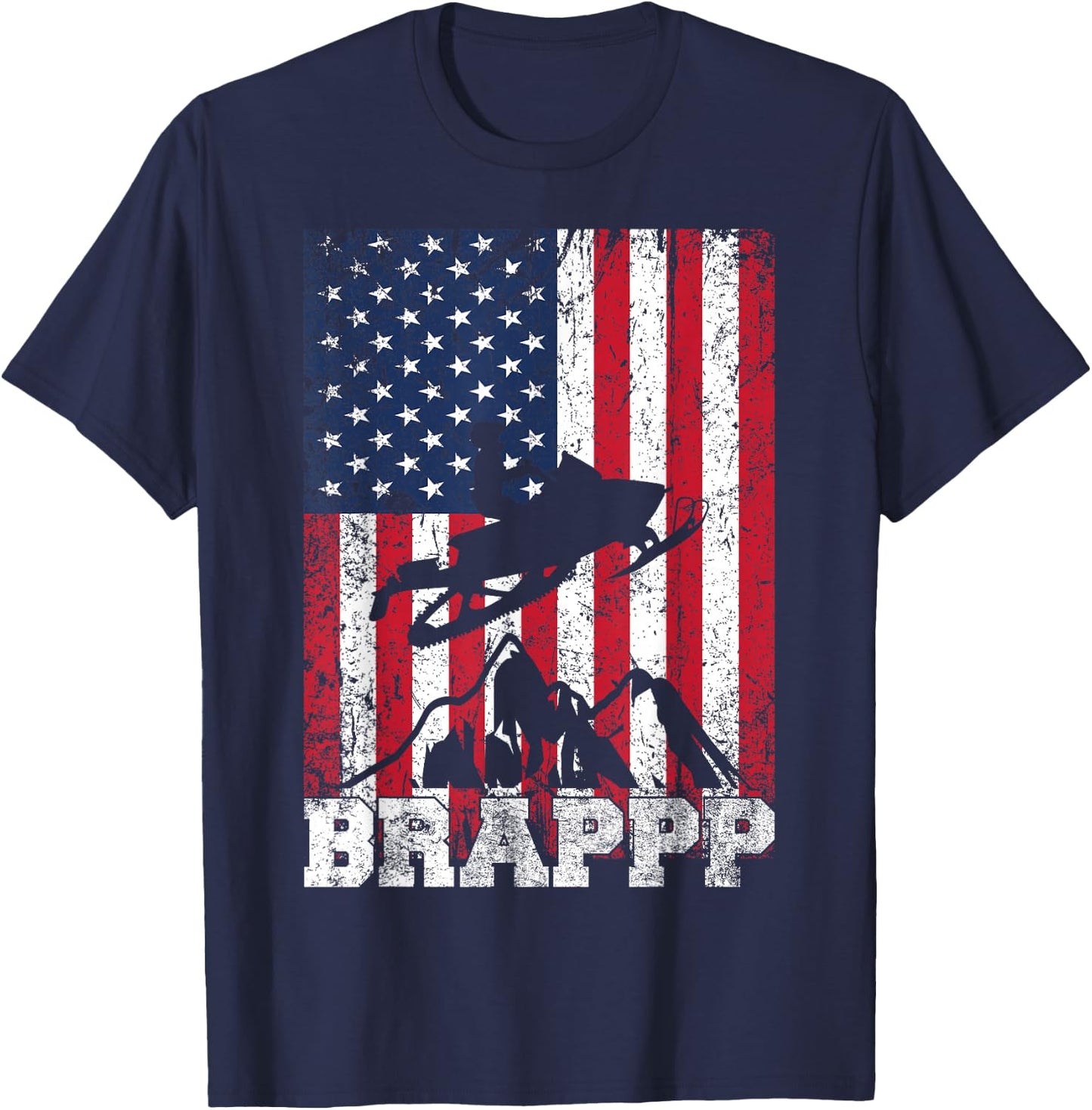 USA American Flag Snowmobiling Brap Snowmobile Rider Winter T-Shirt - T-Shirt | Navy