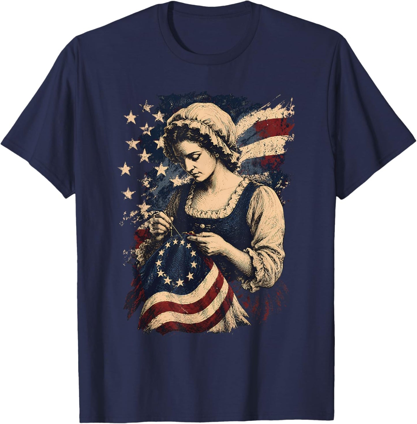 Betsy Ross Sewing USA Flag Patriotic 4th of July Vintage T-Shirt - T-Shirt | Navy