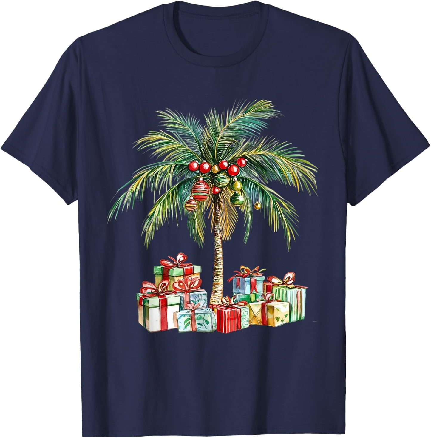 Christmas Palm Tree Lights Hawaiin Tropical Xmas Watercolor T-Shirt - T-Shirt | Navy