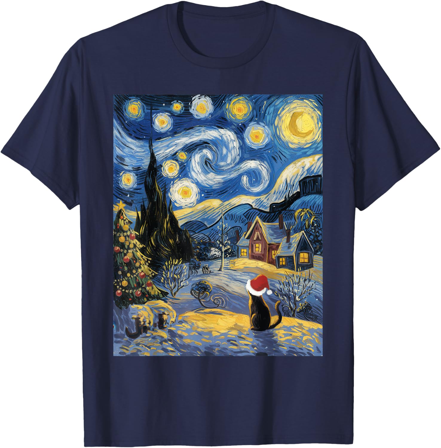 Starry Night Festive Christmas Cat Santa Winter Xmas T-Shirt - T-Shirt | Navy