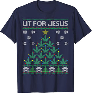 Lit for Jesus Weed Marijuana Cannabis Leaf Christmas Tree T-Shirt - T-Shirt | Navy