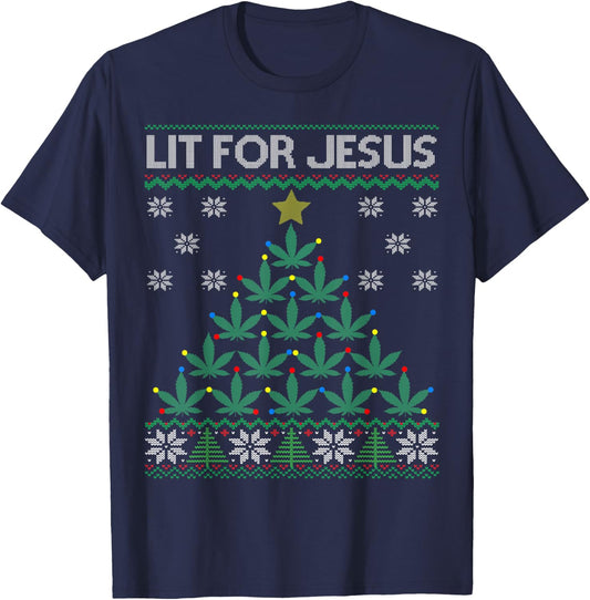 Lit for Jesus Weed Marijuana Cannabis Leaf Christmas Tree T-Shirt - T-Shirt | Navy