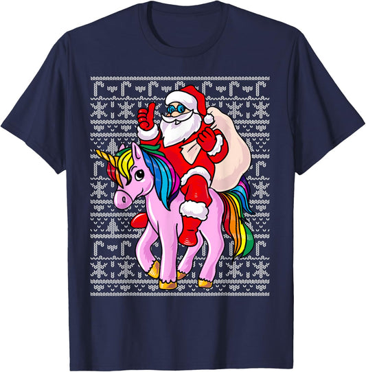 Santa Claus Pink Unicorn Girls Ugly Christmas Kids T-Shirt - T-Shirt | Navy