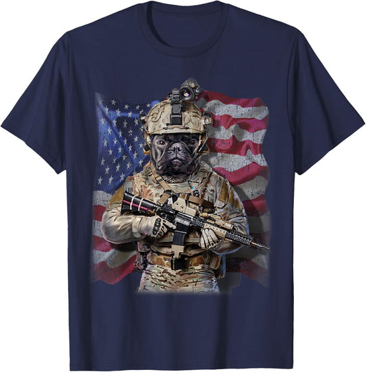 USA America Patriot French Bull Dog as Army Commando T-Shirt - T-Shirt | Navy