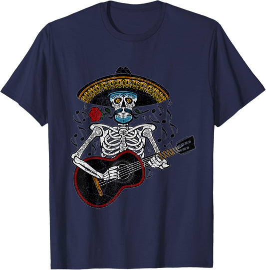 Mariachi Skeleton Playing Guitar Day of The Dead T-Shirt - T-Shirt | Navy