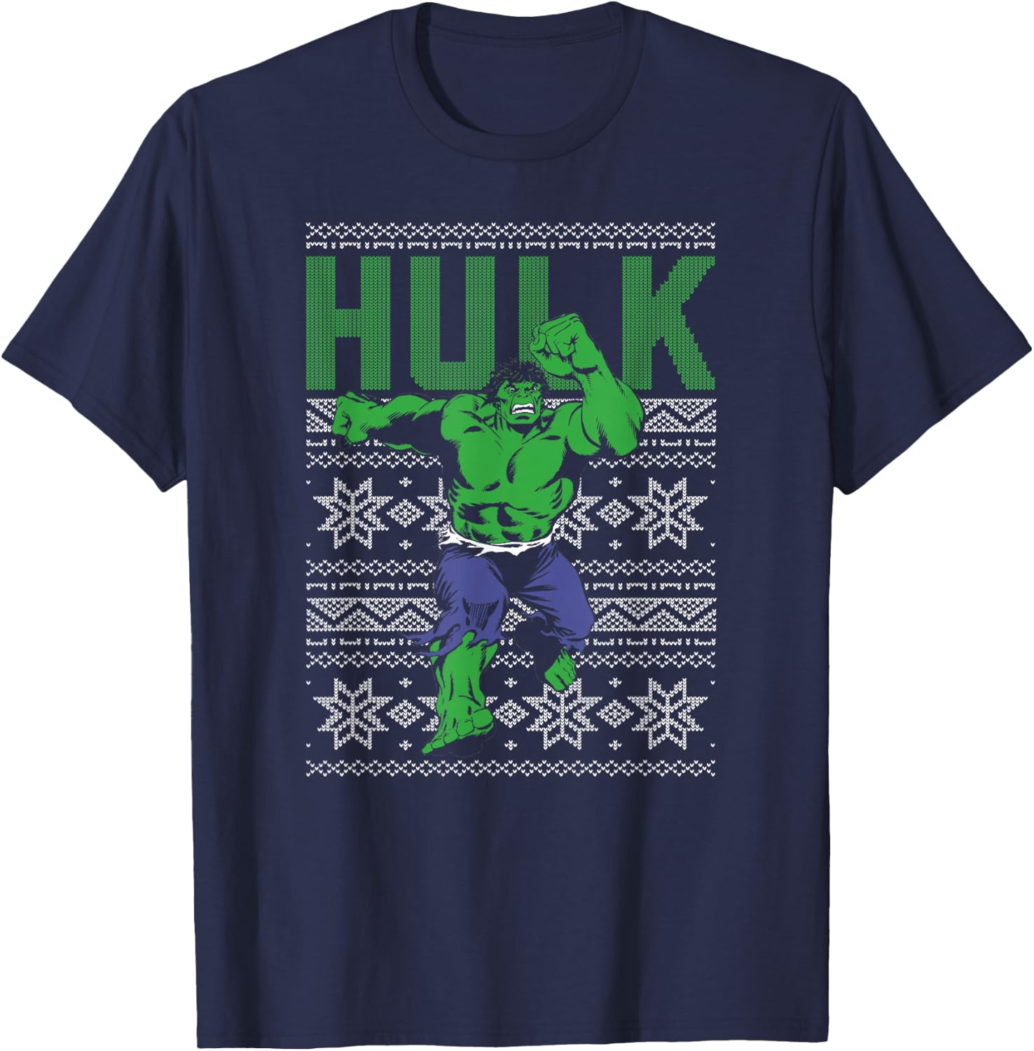 Marvel Hulk Retro Ugly Christmas Sweater Graphic T-Shirt - T-Shirt | Navy