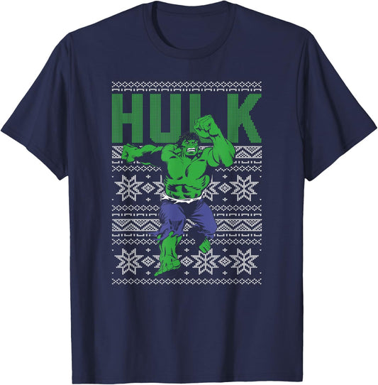 Marvel Hulk Retro Ugly Christmas Sweater Graphic T-Shirt - T-Shirt | Navy