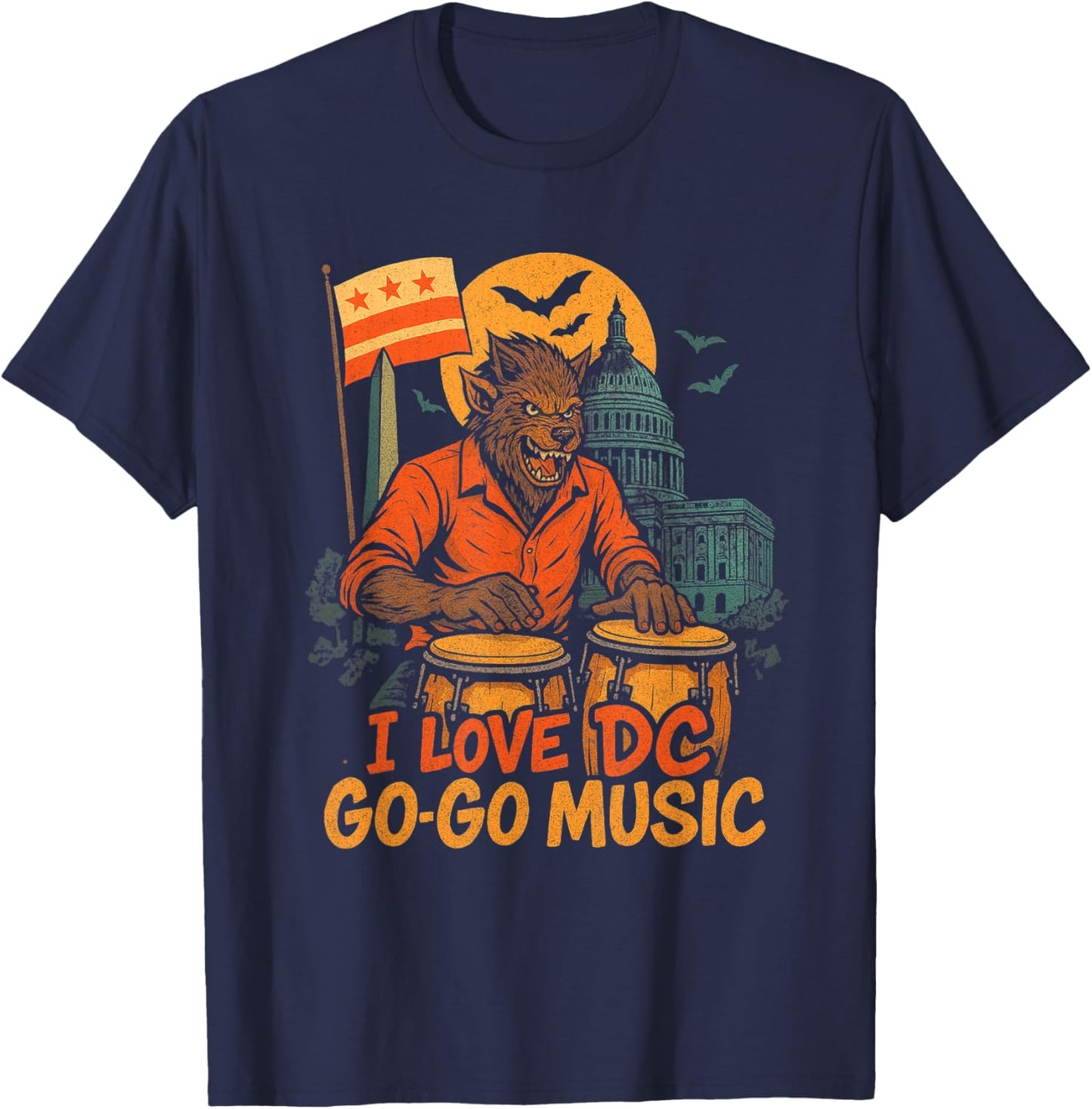 Werewolf Washington DC Go-Go Drummer Halloween T-Shirt - T-Shirt | Navy