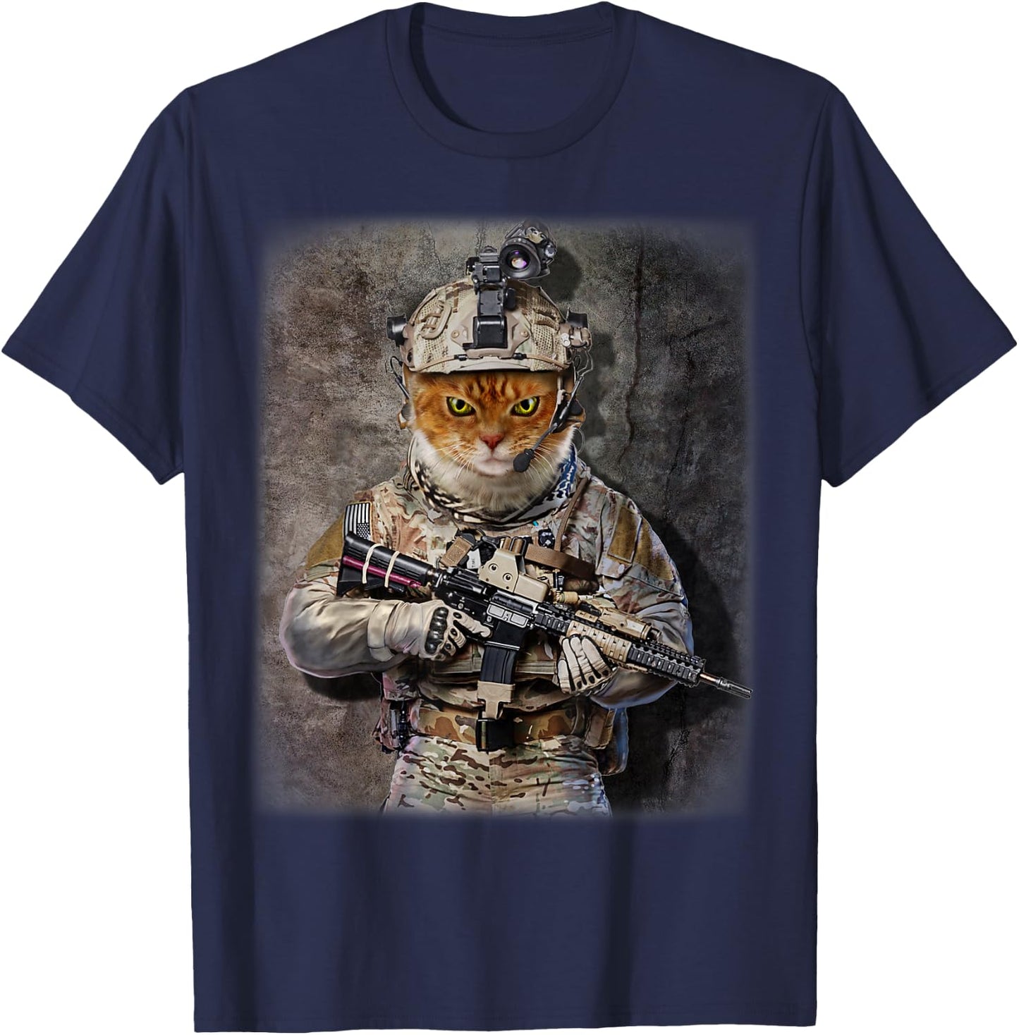Tabby Cat as Army Commando in Full Tactical Gear T-Shirt - T-Shirt | Navy