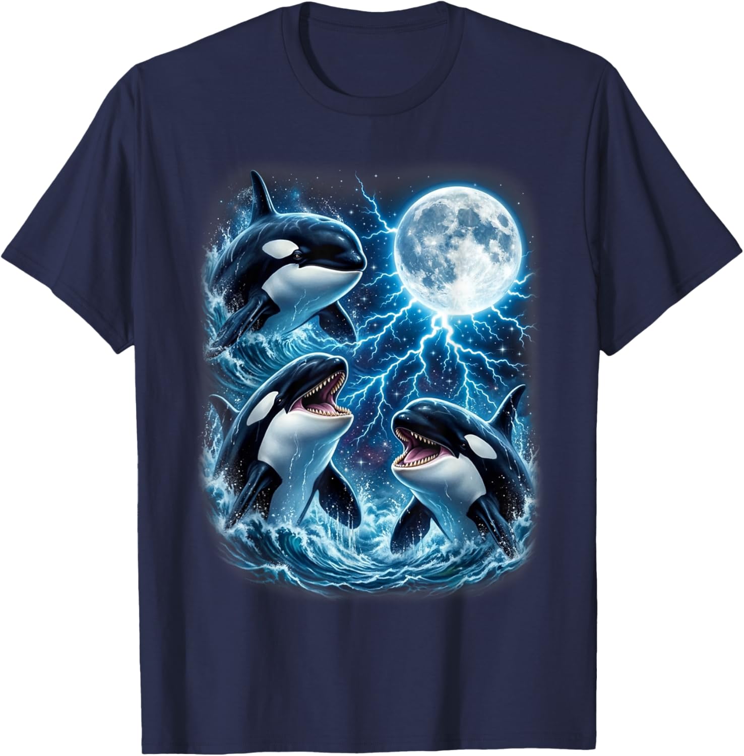 Majestic Three Orca Moon Lightning Sea Life Art T-Shirt - T-Shirt | Navy