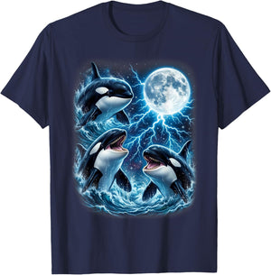 Majestic Three Orca Moon Lightning Sea Life Art T-Shirt - T-Shirt | Navy