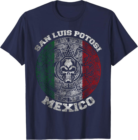 San Luis Potosi Aztec Mayan Calendar Skull. Mexico Pride T-Shirt - T-Shirt | Navy