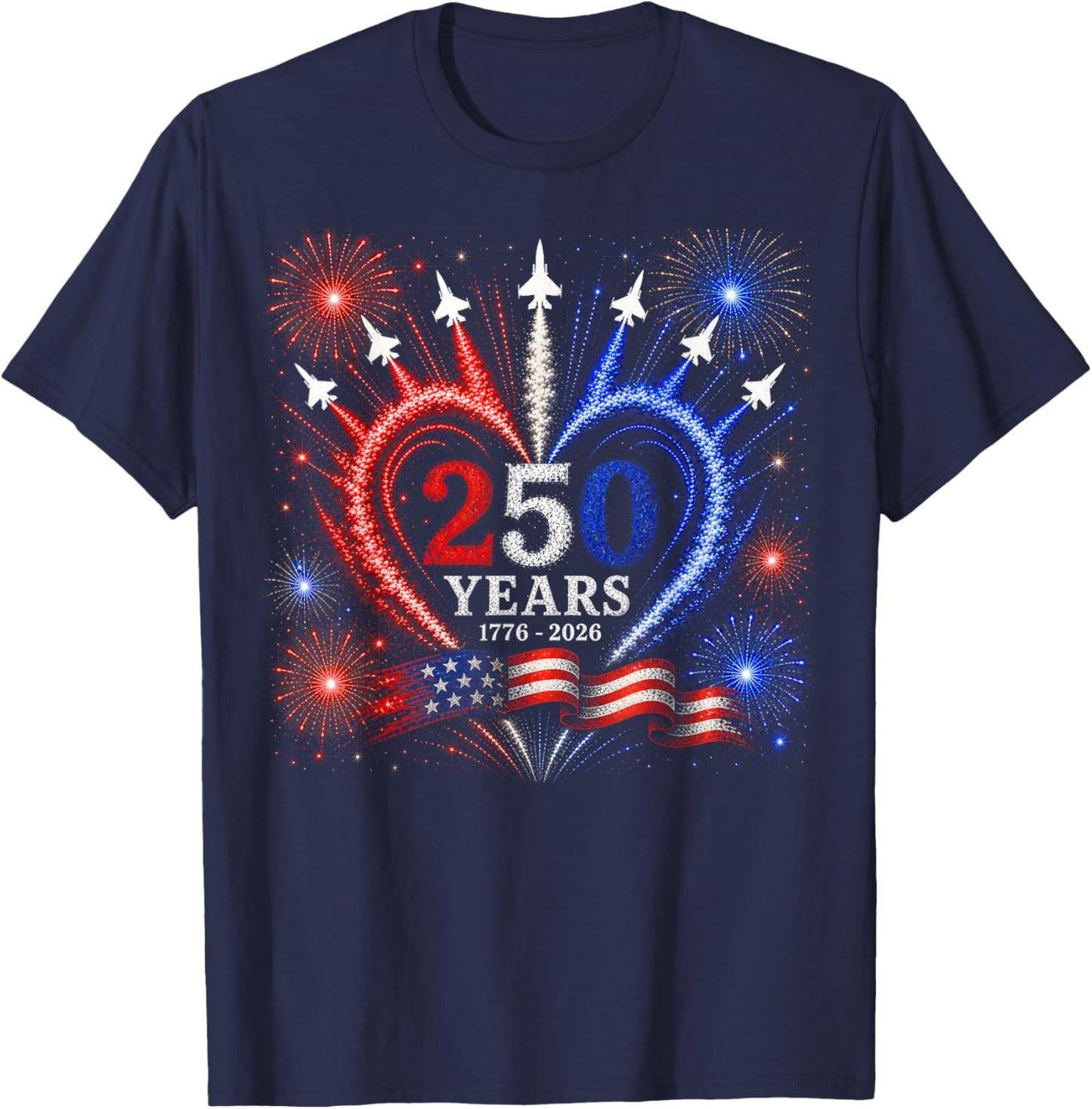 4th of July American Flag 250 Years of Freedom Heart Jets T-Shirt - T-Shirt | Navy
