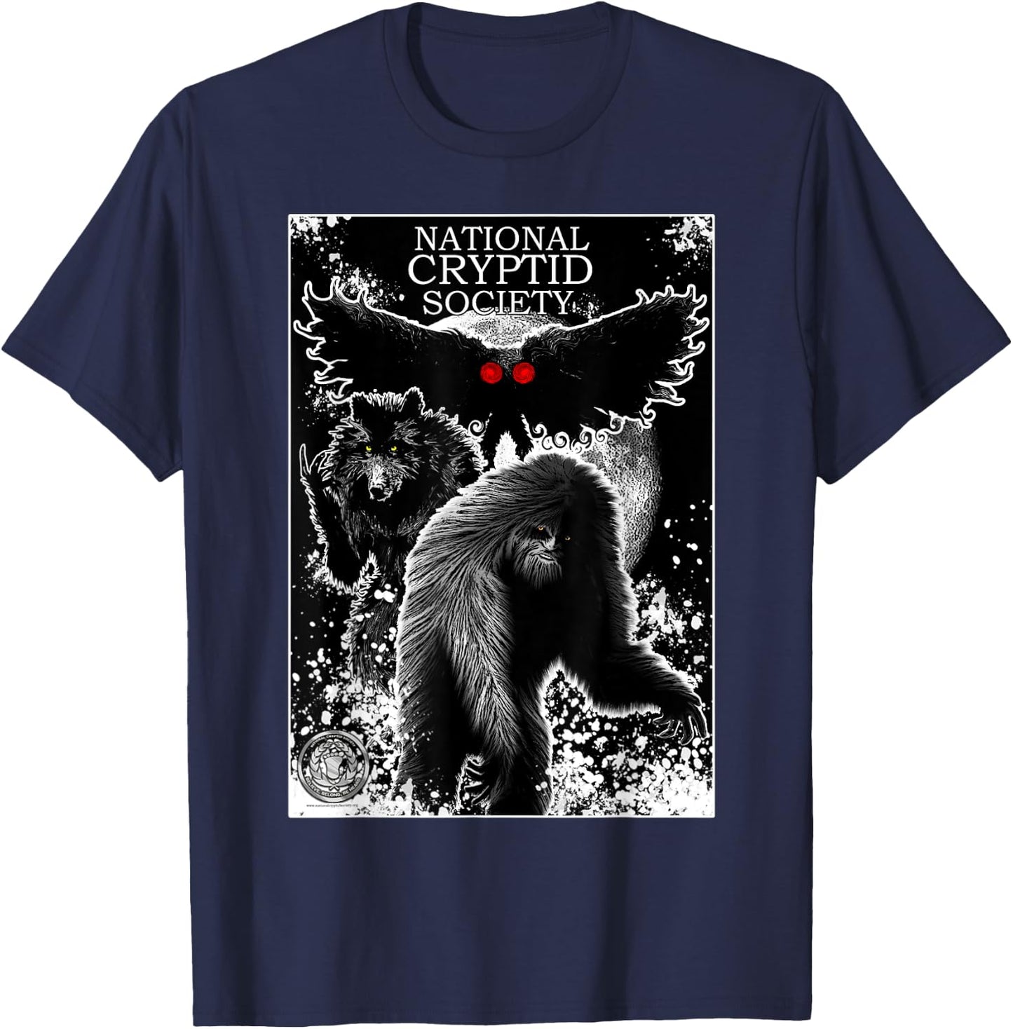 Bigfoot Dogman Mothman National Cryptid Society Poster Art T-Shirt - T-Shirt | Navy