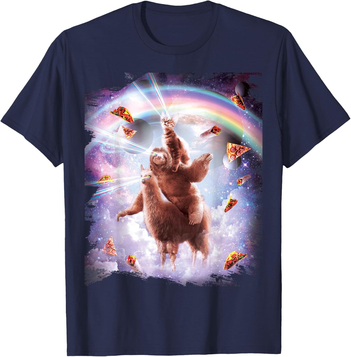 Laser Eyes Space Cat Riding Sloth Llama - Rainbow T-Shirt - T-Shirt | Navy