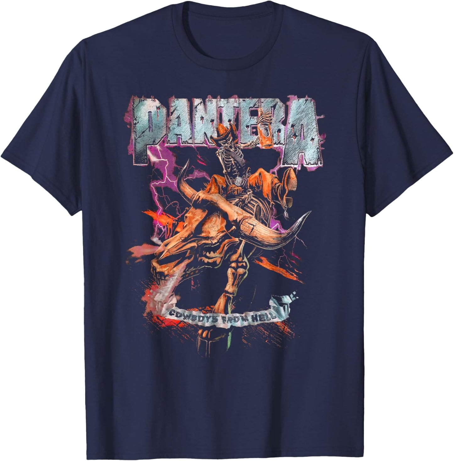 Pantera Official Cowboys From Hell Riding Skeleton Short Sleeve T-Shirt - T-Shirt | Navy