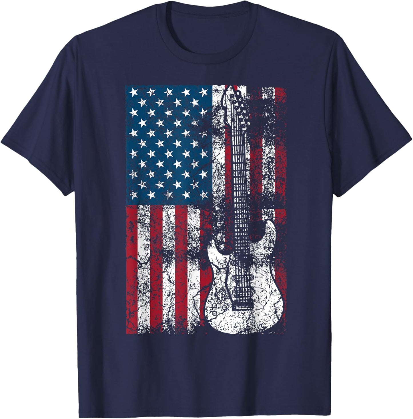 Guitar USA Flag Shirt | Cute Patriotic Guitar Lovers US Gift T-Shirt - T-Shirt | Navy