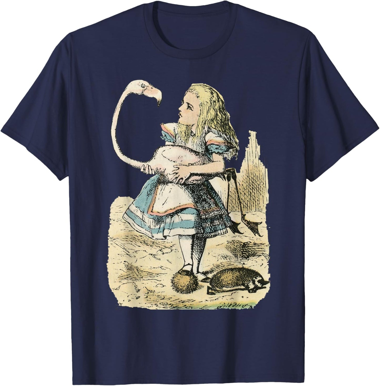 Vintage Alice in Wonderland Flamingo Croquet Illus. T-Shirt - T-Shirt | Navy