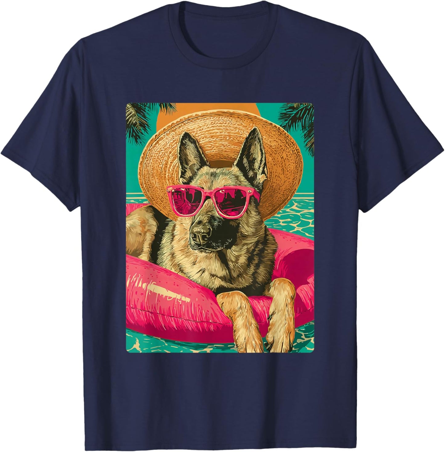 German Shepherd with Sunglasses Cute Dog Tropical Pool Party T-Shirt - T-Shirt | Navy